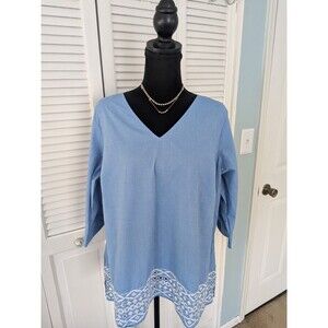 TALBOTS Top Womens 1Xp Popover 3/4 Sleeve Tie Blue White Cut-Out Hem Boho Blouse